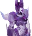  aircraft alien cross crossgender cybertronian cyclonus decepticon digital_media_(artwork) eyelashes female hi_res horn humanoid lipstick living_aircraft living_machine machine makeup not_furry purple_eyes purple_lipstick robot robotboob simple_background solo standing transformers unicronian 