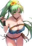  1girl bangs bikini blush breasts fire_emblem fire_emblem:_the_blazing_blade fire_emblem_heroes green_eyes green_hair hair_between_eyes highres jewelry large_breasts long_hair looking_at_viewer lyn_(fire_emblem) navel nekolook ponytail simple_background smile solo swimsuit white_background 