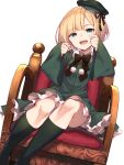  1girl :d armchair bangs black_bow black_ribbon blonde_hair blush bow cabbie_hat chair commentary_request dress dutch_angle eyebrows_visible_through_hair fate_(series) frilled_dress frills green_dress green_headwear green_legwear hands_up hat head_tilt highres kneehighs long_sleeves looking_at_viewer lord_el-melloi_ii_case_files on_chair open_mouth pom_pom_(clothes) reines_el-melloi_archisorte ribbon short_hair simple_background sitting sleeves_past_wrists smile solo tilted_headwear white_background wide_sleeves yuuuuu 