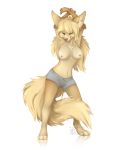  2017 anthro areola barefoot breasts canid canine chest_tuft clothed clothing digital_media_(artwork) digitigrade eyes_closed female fennec fox hands_behind_head hi_res mammal nipples reysi simple_background smile solo spread_legs spreading standing topless tuft white_background 