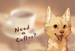  2017 amber_eyes beverage canid canine canis coffee digital_media_(artwork) domestic_dog english_text fur hi_res mammal open_mouth reysi smile solo tan_fur teeth text tongue 