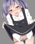  1girl :d black_dress blush buttons collared_shirt commentary_request dress dress_lift grey_background grey_hair grey_panties highres kantai_collection lifted_by_self long_sleeves mtu_(orewamuzituda) ooshio_(kantai_collection) open_mouth panties pinafore_dress purple_eyes pussy remodel_(kantai_collection) shirt short_hair simple_background smile solo twintails underwear white_shirt 