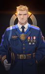  1boy amo9612 black_background black_neckwear blonde_hair blue_eyes gloves hand_on_hip hat hat_removed headwear_removed highres logo looking_at_viewer male_focus medal military military_uniform necktie overwatch serious soldier:_76_(overwatch) solo standing uniform white_gloves younger 