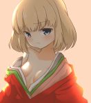  1girl bangs blonde_hair blue_eyes blush breasts closed_mouth commentary eyebrows_visible_through_hair frown girls_und_panzer head_tilt japanese_clothes katyusha kimono looking_at_viewer no_bra off_shoulder orange_background rebirth42000 red_kimono short_hair simple_background small_breasts solo upper_body 