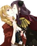  2girls bangs black_hair blonde_hair braid brown_eyes capelet cloak closed_eyes commentary_request corset epaulettes gyakuten_saiban hair_ribbon holding_hands imminent_kiss jordalla kenao mahoney_katalucia multiple_girls one_eye_closed parted_lips professor_layton professor_layton_vs._gyakuten_saiban red_cloak ribbon twin_braids upper_body white_background yuri 