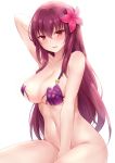  1girl alternate_costume arm_between_legs arm_up bikini bottomless breasts cleavage collarbone fate/grand_order fate_(series) flower hair_flower hair_intakes hair_ornament hibiscus large_breasts navel nikoo parted_lips pink_bikini purple_bikini purple_hair red_eyes scathach_(fate)_(all) scathach_(fate/grand_order) scathach_(swimsuit_assassin)_(fate) simple_background smile solo swimsuit white_background 