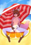  anthro balls beach breasts canid canine clothed clothing clothing_aside erection fox gynomorph hi_res humanoid_penis intersex looking_at_viewer mammal nipples penis seaside smile solo topless umbrella underwear underwear_aside viskasunya 