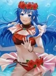  1girl bangs bikini blue_eyes blush canvas_(object) fire_emblem fire_emblem:_the_binding_blade fire_emblem_heroes flower hair_between_eyes hair_flower hair_ornament highres kyufe lilina long_hair looking_at_viewer navel simple_background smile solo swimsuit underwater water 