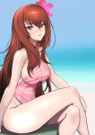  1girl alternate_costume beach blue_sky breasts commentary_request crossed_legs day dytm fate/grand_order fate_(series) flower hair_flower hair_ornament highres large_breasts long_hair looking_at_viewer nipples ocean one-piece_swimsuit open_mouth outdoors pink_hair red_eyes scathach_(fate)_(all) scathach_(fate/grand_order) see-through sitting sky solo swimsuit 
