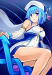  1girl aqua_hair armpits bare_shoulders beret blue_hair breasts cape cleavage detached_collar detached_sleeves frills hair_ornament hairclip hat holding jewelry knees legs mercury_(unison_league) mercury_symbol official_art open_mouth purple_eyes shorts sitting solo space tagme thighs unison_league 