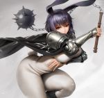  1girl animal_ears bangs black_hair breasts bunny_ears flail highres large_breasts looking_at_viewer morning_star obaoba_(monkeyix) original red_eyes short_hair simple_background solo weapon 