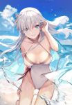  1girl :d anastasia_(fate/grand_order) bangs bare_shoulders beach blue_cape blue_eyes blue_sky blush breasts cape cloud collarbone commentary cowboy_shot day eyebrows_visible_through_hair fate/grand_order fate_(series) floating_hair groin hair_between_eyes hair_over_one_eye hair_tucking hairband leaning_forward long_hair looking_at_viewer medium_breasts ocean open_mouth outdoors ritsuki sand signature silver_hair sky smile solo swimsuit very_long_hair wet white_swimsuit wind 