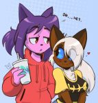  2019 anthro blue_sclera clothed clothing conditional_dnp crossgender cup dialogue domestic_cat duo english_text fangs felid feline felis female hair holding_object hoodie male mammal penny_(anaugi) percy_(teckworks) purple_hair red_eyes shirt signature simple_background smile teckworks text topwear translucent translucent_hair white_hair 