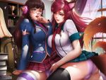  2girls academy_ahri academy_d.va ahri animal_ears bangs black_legwear blue_sky blush book braid breasts brown_hair chair cherry_blossoms curtains d.va_(overwatch) dated desk facial_mark fingering fox_ears fox_girl green_skirt hair_ornament headgear heart heart_hair_ornament indoors kaze_no_gyouja lamp large_breasts league_of_legends multiple_girls multiple_tails necktie open_mouth orange_eyes overwatch panties parted_lips petals pink_hair pink_panties plaid plaid_skirt purple_eyes red_neckwear red_skirt school_uniform signature skirt sky smile spread_legs striped striped_legwear tail thighhighs tied_hair transparent trophy underwear window yuri 