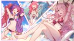  3girls ;d ^_^ arm_behind_head armpits arms_up bare_arms bare_legs bare_shoulders barefoot bikini blue_eyes blue_sky blush breasts chain closed_eyes cloud commentary_request crossed_legs day demon_horns demon_tail flat_chest flower hair_flower hair_ornament hair_over_shoulder halterneck hasekura_io heart highres horns large_breasts long_hair looking_at_viewer m-ya medium_breasts minami_suzuna multicolored_hair multiple_girls nail_polish navel one-piece_swimsuit one_eye_closed open_mouth outdoors palm_tree pink_hair princess_connect! princess_connect!_re:dive purple_hair red_bikini red_eyes red_hair sitting sky smile stomach swimsuit tail tamaizumi_misaki thighs tree twintails two-tone_hair very_long_hair wet white_flower white_swimsuit 