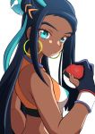  1girl absurdres aqua_eyes aqua_hair black_gloves blue_hair dark_skin earrings gloves highres holding holding_poke_ball hoop_earrings huge_filesize jewelry long_hair looking_at_viewer multicolored_hair partly_fingerless_gloves poke_ball poke_ball_(generic) pokemon pokemon_(game) pokemon_swsh rurina_(pokemon) simple_background single_glove solo sports_bra sportswear tsuntsun_(oekaki972) two-tone_hair white_background yellow_earrings 