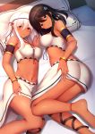  2girls :o ankle_ribbon armlet ass bandeau bangle bangs bare_shoulders barefoot black_hair blue_eyes blush bracelet breasts commentary_request dark_skin eyebrows_visible_through_hair gold groin hair_between_eyes hairband hand_on_own_thigh highres jewelry large_breasts long_hair looking_at_viewer lying medium_breasts momo_no_kanzume multiple_girls navel on_side original red_eyes ribbon shiny shiny_skin sidelocks skirt smile stomach tareme thighs white_hair white_skirt 