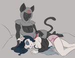  :3 anthro arepo bed big_breasts black_fur blue_hair breasts cartoon_hangover claire_(the_summoning) cleavage clothed clothing critter_coven crossover domestic_cat duo felid feline felis female female/female fur hair hi_res hood mammal notched_ear on_bed pentagram red_eyes robe sleeping smile stupidgnoll the_summoning tongue tongue_out underwear white_fur 