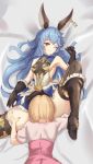  2girls absurdres animal_ears armpits bell_(angelicalary) black_gloves black_legwear blonde_hair blue_hair blush boots breasts commentary_request cunnilingus curly_hair djeeta_(granblue_fantasy) dress erune ferry_(granblue_fantasy) gloves granblue_fantasy highres jewelry knee_up long_hair lying multiple_girls on_back one_eye_closed oral short_hair single_earring sleeveless sleeveless_dress small_breasts spread_legs thigh_grab thighhighs very_long_hair yellow_eyes yuri 