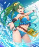  1girl bangs bare_shoulders belt bikini blue_bikini blue_sky blush breasts cleavage cloud commentary_request day earrings eyebrows_visible_through_hair fire_emblem fire_emblem:_the_blazing_blade fire_emblem_heroes flower green_eyes green_hair hair_flower hair_ornament highres jewelry kokouno_oyazi lips long_hair lyn_(fire_emblem) medium_breasts navel necklace one_eye_closed open_mouth outdoors outstretched_arms ponytail shiny shiny_hair shiny_skin side-tie_bikini simple_background sky smile solo splashing spread_arms stomach swimsuit wading water water_drop 