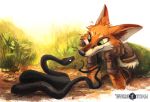  2019 anthro canid canine digital_media_(artwork) duo feral fox fur green_eyes kenket mammal orange_fur reptile scalie smile snake 