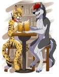  2017 4_toes alcohol anthro bar beer beverage black_claws black_eyebrows black_fur black_nose black_spots black_tail blonde_hair blue_eyes canid canine canis casual_nudity cheetah claws collar cup digital_media_(artwork) duo eye_contact eyebrows fangs felid feline fur grey_fur grey_tail hair hi_res holding_cup holding_object ifus looking_at_another male mammal multicolored_fur multicolored_tail nude open_mouth orio red_hair short_hair sitting spots spotted_fur spotted_tail stool storm_(stormwx_wolf) table teeth toe_claws toes two_tone_fur two_tone_tail white_fur white_tail wolf yellow_fur yellow_tail 