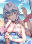  1girl ahoge bangs beach beach_mat beach_umbrella bikini black_bikini blue_sky blush bottle breasts choker cleavage cloud collarbone commentary_request crossed_ankles day eyebrows_visible_through_hair eyewear_on_head fate/grand_order fate_(series) feet feet_up hair_between_eyes head_tilt highres holding holding_bottle jeanne_d&#039;arc_(alter_swimsuit_berserker) jeanne_d&#039;arc_(fate)_(all) kudou_maimu large_breasts long_hair looking_at_viewer lotion lying o-ring o-ring_bikini ocean on_stomach outdoors red_legwear signature silver_hair single_thighhigh sky solo sunglasses swimsuit thighhighs tinted_eyewear toes twitter_username umbrella untied untied_bikini very_long_hair yellow_eyes 