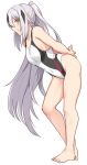  1girl arms_behind_back bare_arms bare_legs bare_shoulders barefoot bent_over black_hair black_swimsuit blush breasts commentary_request fate/grand_order fate_(series) from_side full_body hair_between_eyes long_hair looking_at_viewer medium_breasts multicolored multicolored_clothes multicolored_hair multicolored_swimsuit nagao_kagetora_(fate) navel ponytail shiseki_hirame simple_background smile solo swimsuit two-tone_hair very_long_hair white_background white_hair white_swimsuit yellow_eyes 