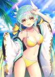 1girl :d bikini blue_sky breasts cloud collarbone commentary_request detached_sleeves eyebrows_visible_through_hair fate/grand_order fate_(series) green_hair hair_ribbon horns kiyohime_(fate/grand_order) kiyohime_(swimsuit_lancer)_(fate) long_hair looking_at_viewer low_twintails medium_breasts minamo25 navel ocean open_mouth ribbon sky smile solo standing swimsuit twintails twitter_username yellow_bikini yellow_eyes yellow_ribbon 