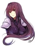  1girl absurdres bodysuit breasts cleavage commentary_request fate/grand_order fate_(series) gu_li highres large_breasts long_hair looking_to_the_side parted_lips pauldrons purple_bodysuit purple_hair red_eyes scathach_(fate)_(all) scathach_(fate/grand_order) shoulder_armor signature simple_background smile solo upper_body white_background 