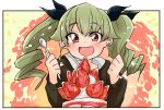  1girl :d anchovy bangs barashiya black_border black_jacket black_ribbon blush border cake casual clenched_hand commentary_request drill_hair eyebrows_visible_through_hair food fruit girls_und_panzer green_hair hair_ribbon highres holding holding_spoon jacket long_hair long_sleeves looking_at_viewer open_mouth outside_border red_eyes ribbon smile solo spoon strawberry twin_drills twintails upper_body 