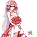  1girl ahoge alternate_costume blush bouquet breasts bridal_veil cat cherry_blossom_print cherry_blossoms cleavage cleavage_cutout crying crying_with_eyes_open dress dyx217 flower green_eyes hair_ornament hairclip holding holding_bouquet hololive kintoki_(miko_channel) knees pink_hair red_flower red_rose rose sakura_miko side_ponytail tagme tears transparent_background veil virtual_youtuber wedding_dress 