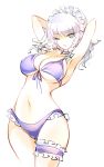 1girl ;&lt; armpits arms_up bangs bare_arms bare_shoulders bikini blue_bikini blue_choker bow braid breasts choker commentary_request covered_nipples cowboy_shot eyebrows_visible_through_hair frills front-tie_bikini front-tie_top green_bow grey_eyes hair_bow highres izayoi_sakuya large_breasts leg_garter looking_at_viewer maid_headdress navel no_nose one_eye_closed parted_lips raptor7 short_hair silver_hair simple_background solo standing stomach swimsuit thighs touhou twin_braids white_background 