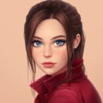  1girl blue_eyes blurry brown_hair claire_redfield close-up closed_mouth face jacket lips long_hair looking_at_viewer pink_background ponytail profile red_jacket resident_evil signature simple_background solo umigraphics 