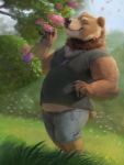  2019 anthro bottomwear brown_fur cariboops clothing detailed_background eyes_closed flower fur hi_res male mammal outside plant shirt shorts slightly_chubby solo topwear ursid 