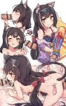  1girl ahokoo animal_ear_fluff animal_ears bangs bar_censor black_hair cat_ears cat_tail censored condom cum cum_on_hair eyewear_on_head facial fellatio hair_ribbon highres holding_water_gun jacket kyaru_(princess_connect) long_hair looking_at_viewer multicolored_hair nude off_shoulder one_eye_closed oral penis princess_connect! princess_connect!_re:dive ribbon sex simple_background streaked_hair sunglasses swimsuit tail used_condom vaginal very_long_hair white_background white_hair 