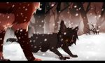  2017 black_bars black_fur blood bodily_fluids canid canine detailed_background digital_media_(artwork) domestic_cat felid feline felis fur hi_res mammal outside paws reysi snow snowing 