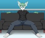  anthro balcony blue_eyes bottomwear cirrus_gracidea clothing eyewear glasses green_hair hair iabelle legendary_pok&eacute;mon legwear male nintendo pants pok&eacute;mon pok&eacute;mon_(species) shaymin shaymin_(sky_form) shirt smile socks sofa solo topwear video_games 