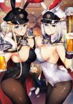  2girls alcohol animal_ears azur_lane bangs banned_artist bare_shoulders beer beer_mug bismarck_(azur_lane) blonde_hair blue_eyes blush bow breasts bunny_ears bunny_girl bunny_tail bunnysuit cleavage detached_collar gloves hair_between_eyes highres jewelry large_breasts leotard long_hair looking_at_viewer multiple_girls open_mouth pantyhose short_hair silver_hair tail tetsubuta thighs tirpitz_(azur_lane) wrist_cuffs 