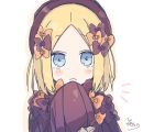  1girl abigail_williams_(fate/grand_order) alternate_hair_length alternate_hairstyle bangs black_bow black_dress black_headwear blonde_hair blue_eyes blush_stickers bow closed_mouth dress eyebrows_visible_through_hair fate/grand_order fate_(series) forehead hair_bow hand_up hat highres long_sleeves looking_at_viewer notice_lines orange_bow parted_bangs signature sleeves_past_fingers sleeves_past_wrists sofra solo upper_body white_background 