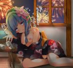  1girl aerial_fireworks ames aono_(f_i_s) bangs beer_can black_kimono blue_eyes blue_hair blurry blurry_background braid breasts can commentary_request depth_of_field eyebrows_visible_through_hair fireworks floral_print flower green_hair hair_flower hair_ornament indoors japanese_clothes kimono looking_at_viewer medium_breasts multicolored_hair night night_sky nipples off_shoulder open_clothes open_kimono parted_lips pink_flower pointy_ears princess_connect! princess_connect!_re:dive print_kimono sidelocks sky smile solo sweat table translation_request two-tone_hair window 