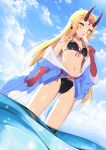  1girl absurdres bare_shoulders bikini black_bikini blonde_hair blue_jacket blue_sky breasts cloud cloudy_sky day dutch_angle earrings facial_mark fate/grand_order fate_(series) food front-tie_bikini front-tie_top halterneck highres holding ibaraki_douji_(fate/grand_order) jacket jewelry long_hair looking_at_viewer navel off_shoulder oni_horns open_clothes open_jacket outdoors pointy_ears popsicle sidelocks sky small_breasts solo standing stomach sunlight swimsuit tattoo thighs tongue tongue_out tttanggvl very_long_hair wading water yellow_eyes 