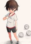  1girl absurdres bangs bike_shorts black_shorts brown_eyes brown_hair collar_tug commentary eyebrows_visible_through_hair frown girls_und_panzer gym_shirt gym_uniform highres isobe_noriko looking_at_viewer munisuke_(zrkt7883) no_socks open_mouth shadow shirt shoes short_hair short_shorts short_sleeves shorts sneakers solo standing sweat t-shirt traditional_media volleyball white_background white_footwear white_shirt 