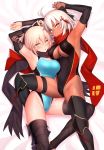  2girls absurdres ahoge arm_guards armpits arms_up bangs bare_shoulders black_bow black_legwear black_scarf black_swimsuit blonde_hair blue_swimsuit blush bow breasts cleavage_cutout dark_skin detached_sleeves fate/grand_order fate_(series) grey_eyes hair_between_eyes hair_bow half_updo highleg highleg_swimsuit highres koha-ace large_breasts legs looking_at_viewer multiple_girls okita_souji_(alter)_(fate) okita_souji_(fate) okita_souji_(fate)_(all) one-piece_swimsuit open_mouth parted_lips red_scarf red_swimsuit scarf short_hair smile swimsuit tassel thigh_strap thighs tied_hair two-tone_swimsuit ulrich_(tagaragakuin) white_hair yellow_eyes 