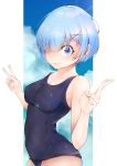  1girl absurdres bangs bare_arms bare_shoulders blue_eyes blue_hair blue_swimsuit blush breasts cloud collarbone commentary_request eyebrows_visible_through_hair from_side hair_ornament hair_over_one_eye highres large_breasts looking_at_viewer nanase_akira_(ekmm4442) re:zero_kara_hajimeru_isekai_seikatsu rem_(re:zero) ribbon short_hair smile solo swimsuit v x_hair_ornament 