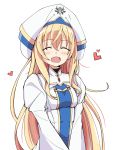  1girl bangs blonde_hair blue_eyes blue_headwear blush breasts commentary_request dress eyebrows_visible_through_hair goblin_slayer! hair_between_eyes hat heart highres long_hair long_sleeves looking_at_viewer open_mouth priestess_(goblin_slayer!) renfuu simple_background small_breasts smile solo white_background white_headwear 