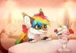  2018 brown_fur dessert digital_media_(artwork) feral food fur green_eyes hair hi_res hybrid ice_cream multicolored_hair rainbow-hair reysi solo tongue 