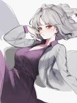  1girl arm_up bangs braid breasts cleavage commentary cowboy_shot dress french_braid grey_background grey_jacket half_updo hand_in_hair heoningu highres jacket kishin_sagume large_breasts long_sleeves looking_at_viewer open_clothes open_jacket parted_lips purple_dress red_eyes short_hair silver_hair simple_background solo symbol_commentary touhou 