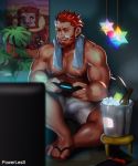  1boy abs bara beard biceps boxers bulge chest facial_hair fate/grand_order fate_(series) highres male_focus muscle nipples pectorals playing_games powerlesssong red_eyes red_hair rider_(fate/zero) saint_quartz smile solo teeth underwear 