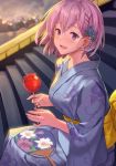  1girl candy_apple fan fate/grand_order fate_(series) floral_print flower food hair_flower hair_ornament haru_(hiyori-kohal) japanese_clothes kimono light_blush mash_kyrielight obi open_mouth paper_fan purple_eyes purple_hair purple_kimono sash short_hair sitting solo stairs uchiwa 